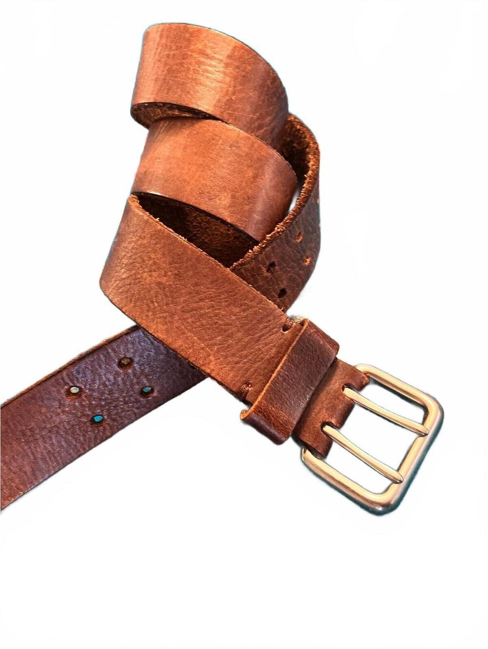 Brown Vintage Genuine Leather Double Prong Belt with Metal Buckle